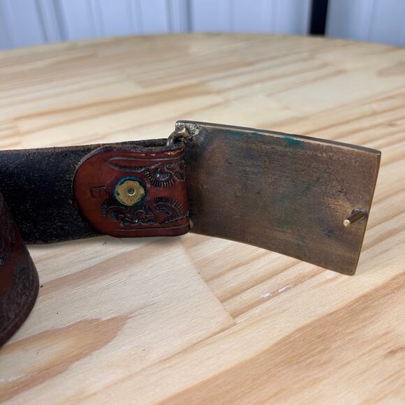 Chevrolet Corvette 1970s Boho Western Stamped Embossed 42" Brown Leather Belt - Picture 2 of 4